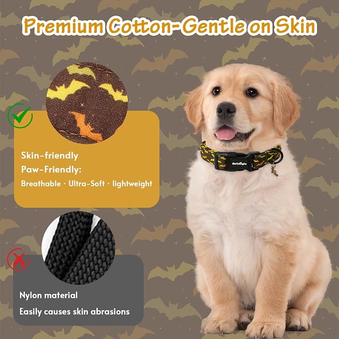Fall Dog Collar, Halloween Dog Collars for Medium Dogs, Cotton Puppy Collar with Bat Pattern, Pet Collar for Small Medium Large Dogs, Girl Boy Dogs Collar with Quick Release Buckle-M