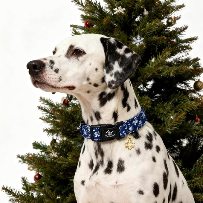 Elegant little tail Christmas Dog Collar, Snow Print Pet Collar Cotton Soft Plastic Buckle Sturdy Puppy Collars Holiday Female or Male Adjustable Collar for Large Dogs