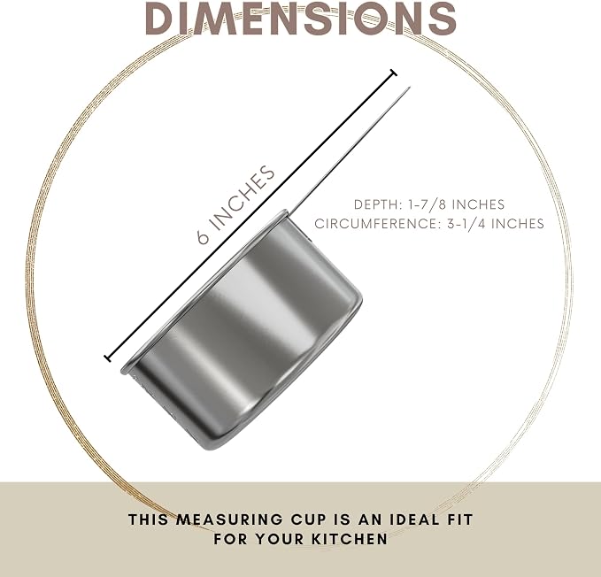 1 Cup Stainless Steel Measuring Cup | Sturdy Metal 250 ml | 240 cc | 8 oz | Single Cup for Wet and Dry Ingredients | Great for use as 1 Cup Dog Food Scoop - 4 PK