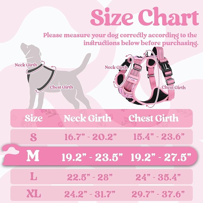 rabbitgoo Dog Harness Medium Sized, No Pull Easy On & Off with 3 Buckles Pet Harness, Adjustable Soft Walking Vest with 2 Clips and Handle, Reflective for Medium Dogs, Floral Pink, M