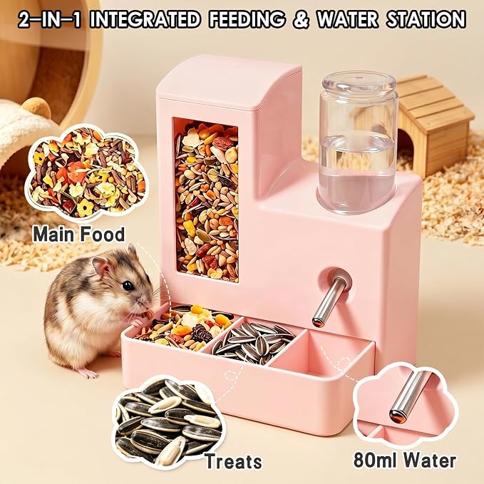 Hamster Water Bottle and Feeder, No Drip 2-in-1 Automatic Waterer and Food Dispenser, Gravity Feeding Hamster Cage Accessories for Small Pets 5.51 x 4.33 x 6.49 Inch