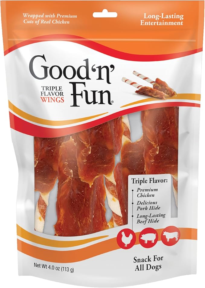 Good 'n' Fun Wings Long-Lasting Dog Treat, With Real Proteins, Premium Chicken and Beef Hide, Supports Dental Health, Mental Stimulation, 4 oz