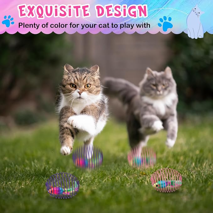 Jecery 5 Pcs 5 Pcs Cat Spring Balls Toys Stretchable Rolling Balls Colorful Playful Coils Interactive Spring Action Toy Caged Rats for Kitten Cat Pet Supplies (Mouse, Rainbow Color)