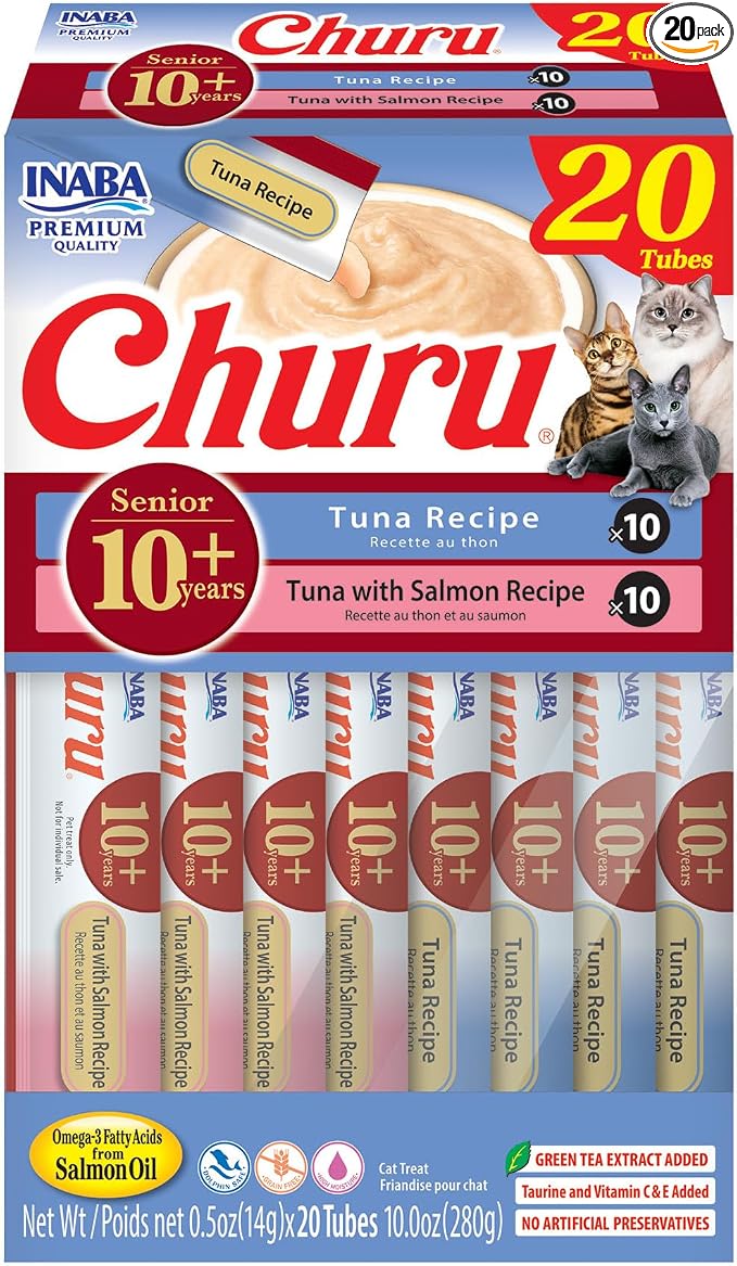 INABA Churu for Senior 10+, Creamy Lickable Cat Treats with Taurine, Vitamin E & C, 0.5 Ounces Each, 20 Tubes, Tuna Variety