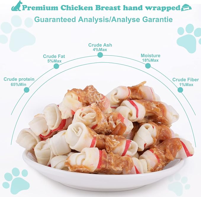 Chicken Wrapped Rawhide Bones, 2.5 Inch Mini Knots Dog Treats, High Protein 65% Puppy Chews and Satisfying Rewards for All Breeds, 8 Ounces