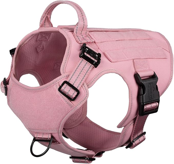 ICEFANG Tactical Dog Harness,Medium Size, 2X Metal Buckle,Working Dog MOLLE Vest with Handle,No Pulling Front Leash Clip,Hook and Loop Panel (Pink, M (Pack of 1))
