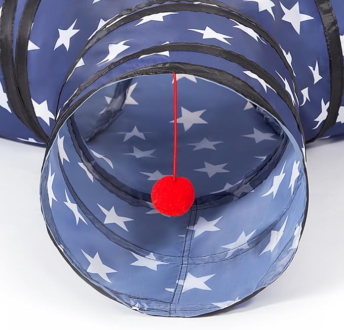 Tempcore Cat Tunnel for Indoor Cats, 3 Way Collapsible Pet Play Tunnel with Teaser Wand, Peek Holes & Hanging Ball, Interactive Tube for Kittens & Rabbits, Pentagram Printed