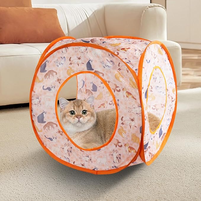 Andiker Cat Tent, 3 Holes Safe and Strong Cute Cats Tunnel Collapsible Easy to Carry Cat House for Indoor Cats Kittens Hiding Playing Training Sleeping (Square Orange)