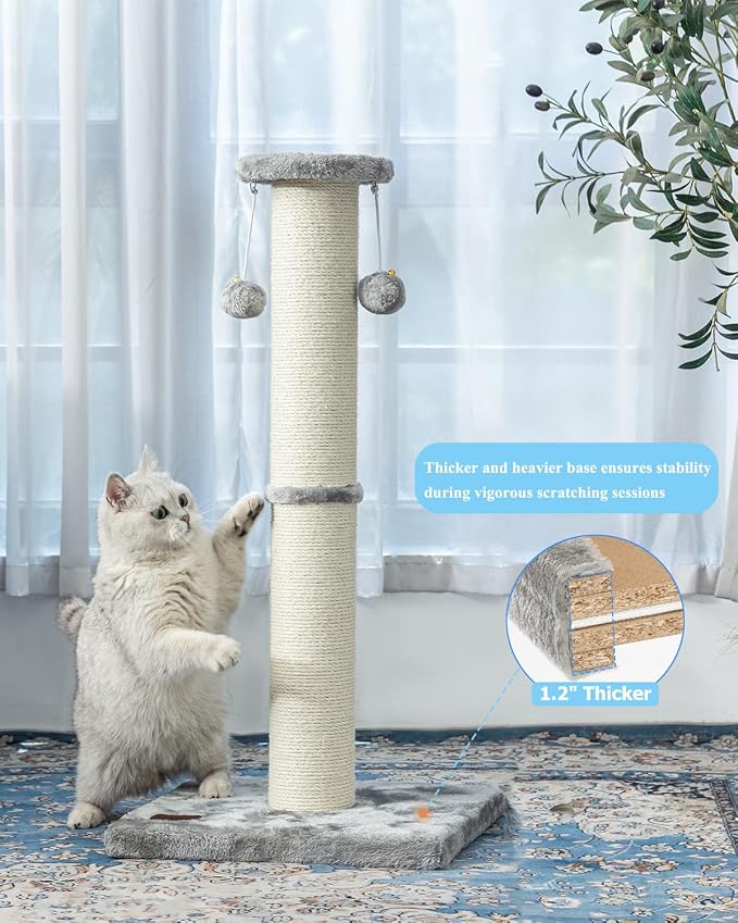 34Inch Tall Cat Scratching Post,4.3Inch Diameter Large Sisal Cat Scratch Post with Ball, Sturdy and Durable Cat Scratcher for Indoor Cats Adults Grey