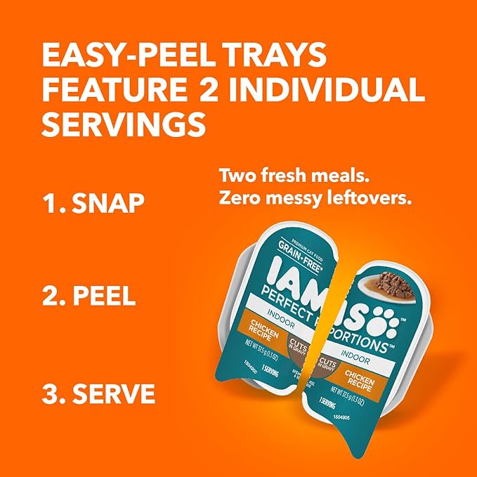 IAMS Perfect Portions Grain Free Wet Cat Food, Indoor Adult Cat Food Wet Cuts in Gravy, Chicken Recipe, (24) 2.6 oz. Twin-Pack Trays (Pack of 2)