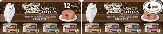 Fancy Feast Purina Savory Centers Wet Cat Food Pate Variety Pack with Chicken, Salmon, Beef, and Tuna Pate with Gravy Center - (2 Packs of 12) 3 oz. Pull-Top Cans (Pack of 2)