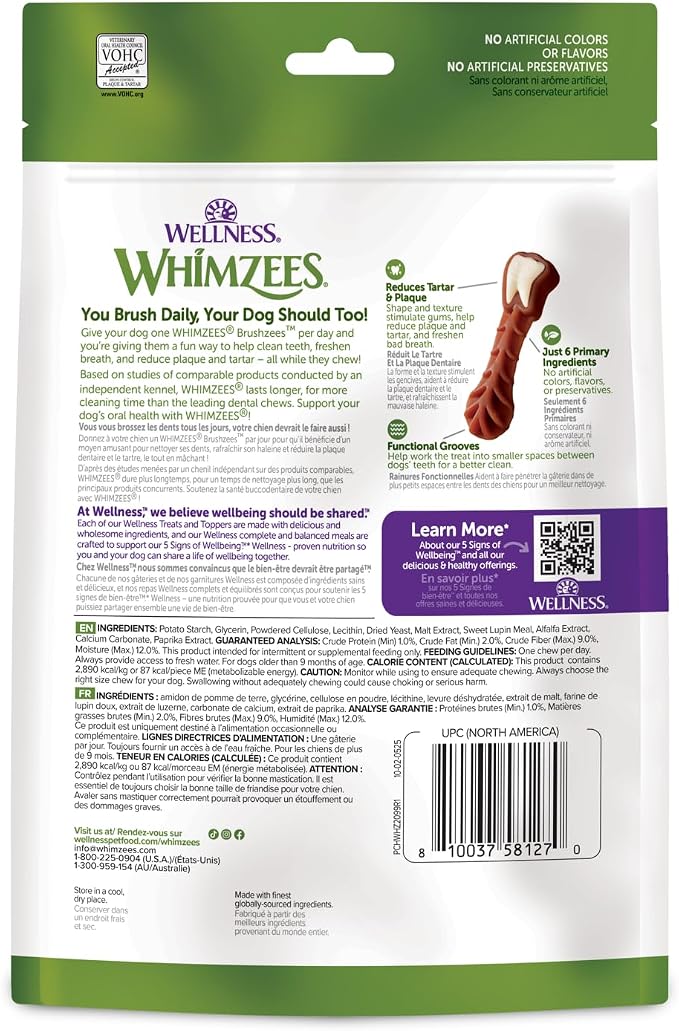 Wellness WHIMZEES Brushzees Natural Dog Dental Treat, VOHC Accepted Chews, Freshens Breath, Medium Size, 4.2 oz Bag, 4 Count