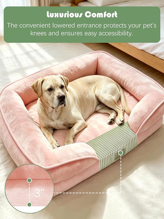 Spotted Play Orthopedic Dog Bed with Sides - Sofa Beds for Extra Large Dogs, Supportive Foam Pet Couch Bed with Washable Removable Cover, Waterproof Lining and Non-Slip Bottom, Pink - XL