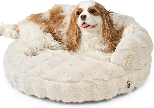 EHEYCIGA Soft Cat Couch Bed for Indoor Cats, Fluffy Small Dog Bed with Removable Washable Cover, Bolster Pet Sofa, Waterproof and Non-Slip, 26" x 26"x 8", Cream