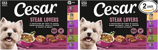 Cesar Wet Dog Food Steak Lovers Variety Pack,Adult,Wet Food for Dogs with Real Meat,3.5 oz Easy Peel Trays,36 Count (Pack of 2)