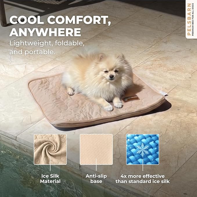 Pelsbarn Dog Cooling Mat- Ice Silk Summer Comfort, Self Cooling, Non-Slip Dog Pad, Durable & Washable, Mat for Extra Small Dogs 15 x 19, Support Shelter Dogs with Every Purchase (Beige)