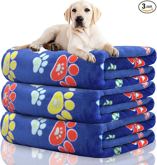 Rezutan 1 Pack 3 Dog Blanket for Large Dogs,41x31 inch for Medium Soft Fluffy Washable Pet Cat Blankets,Reversible Elephant & Paw Print for Dog Kennels & Beds, Sofas, Blue