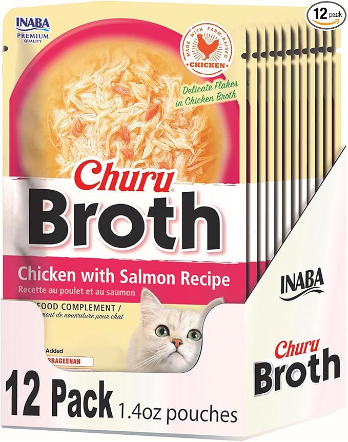 INABA Churu Broth for Cats, Side Dish Pouch, 1.4 Ounces per Pouch, 12 Pouches, Chicken with Salmon Recipe