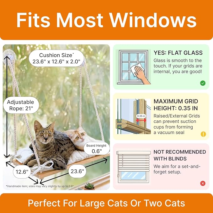Large Cat Window Perch with Industrial-Grade Suction Cups – Solid Pine Wood Hammock Bed, Soft Cushion - 42 lb Capacity for Heavy Cats Inside