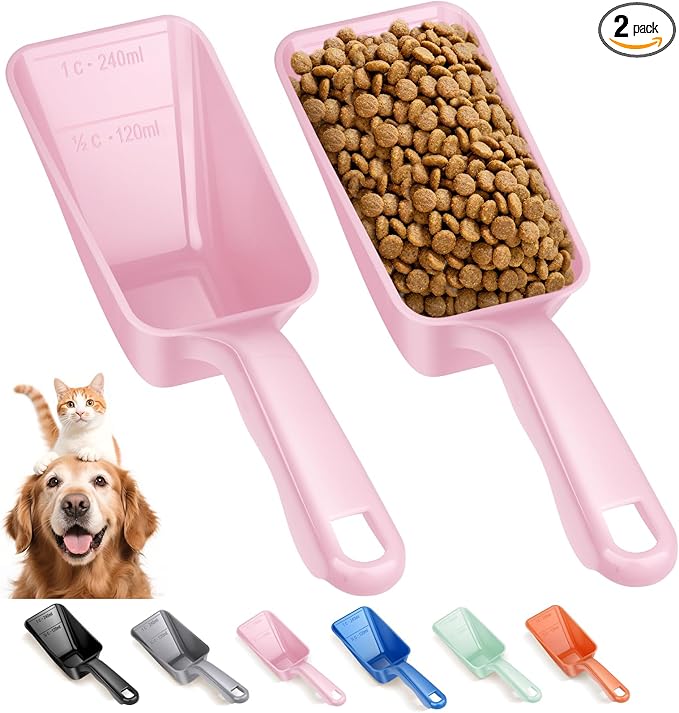 2-Pack Dog Food Scoop 1 Cup, Plastic Pet Food Measuring Scoop With Measuring Lines (1/2 & 1 Cup Markings) for Dogs, Cats, Fish, Bird（Pink)