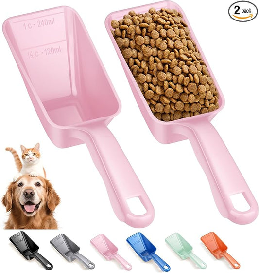 2-Pack Dog Food Scoop 1 Cup, Plastic Pet Food Measuring Scoop With Measuring Lines (1/2 & 1 Cup Markings) for Dogs, Cats, Fish, Bird（Pink)