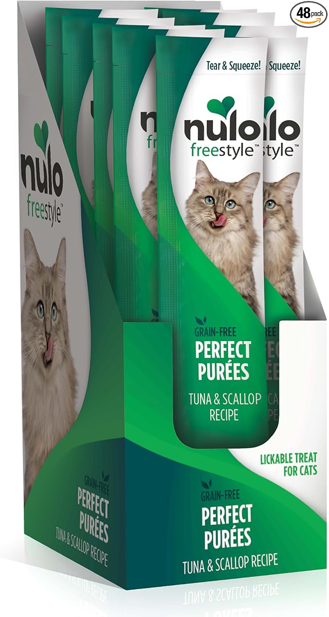 Nulo Freestyle Lickable Cat Treats - Perfect Purées Tuna & Scallop, Squeezable Grain-Free Wet Cat Food Topper, High Moisture for Hydration, 48 x 0.5oz