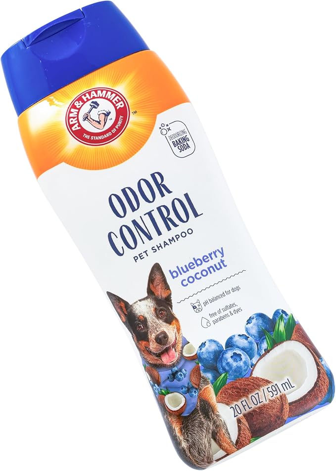 Arm & Hammer for Pets Odor Control Dog Shampoo, Baking Soda Enhanced, pH Balanced, Fresh Blueberry Coconut Scent, Free of Sulfates, for All Dogs and Puppies, 20 Fl Oz