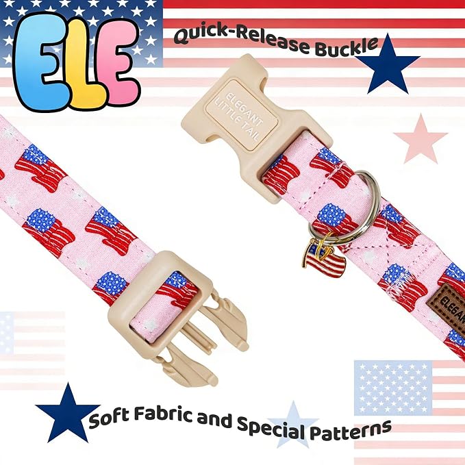 EElegant Little Tail 4th of July Dog Collar with Pendant, Pink Stars & USA Flag Pattern Cotton, Sturdy Quick-Release Plastic Buckle, Girl Adjustable Pet Collar for X-Small Dogs