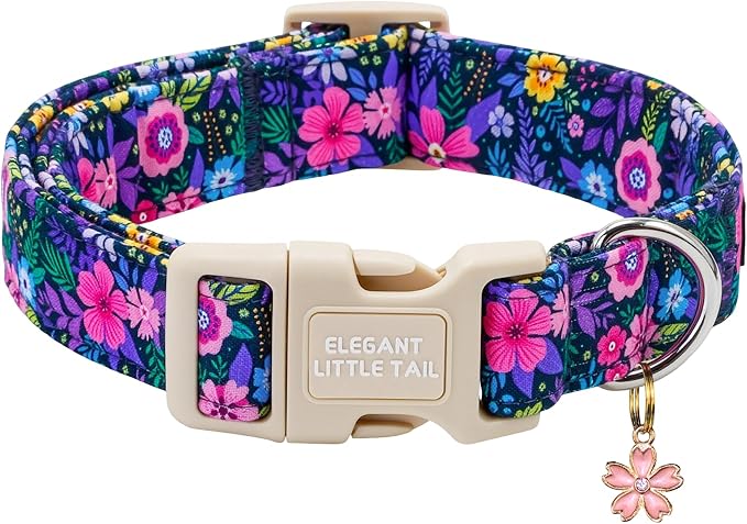 Elegant little tail Dog Collar, Pink Floral Pet Dog Collars Female Cotton Puppy Cute Summer Holiday Adjustable Pet Collar with Sturdy Quick Release Buckle for Small Medium Large Dogs
