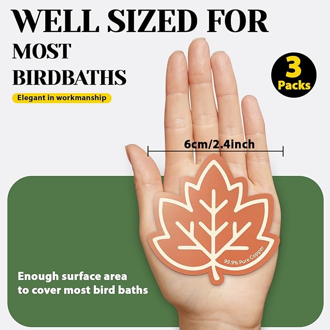 3Pcs Bird Bath Copper Purification Disk 99.99% Pure Copper Water Cleaning Discs 0.6mm Physical Clean Water for All-Season Universal Natural Fit for Outdoor Birdbaths Bowls Garden Fountain(Maple Leaf)