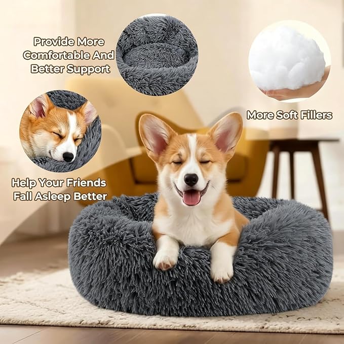 Calming Anti-Anxiety Donuts Dog And Cat Bed, Round Fluffy Soft Washable Small Medium Pet Bed For Puppy And Kitten, Cuddler Warming Comfortable Luxury Anti-Slip Waterproof Mute Base 24in Dark Gray