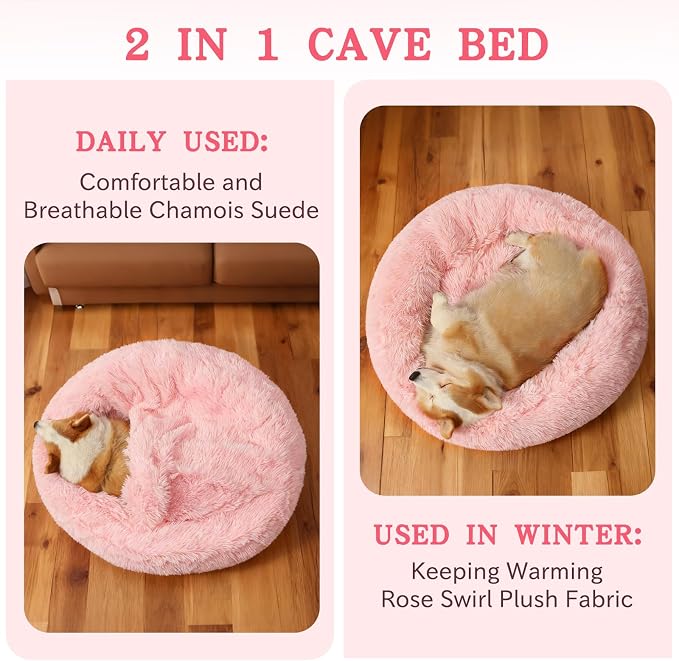 NOYAL Calming Dog Bed for Anxiety, Hooded Donut Cave with Blanket, Plush Fluffy Washable Pet Bed for Small Medium Dogs & Cats
