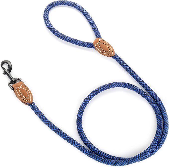Mile High Life Rope Leash with Genuine Leather Connection, 6 FT/5 FT/4 FT, Heavy Duty Leash for Medium & Large Dogs (Blue, 72 Inch)