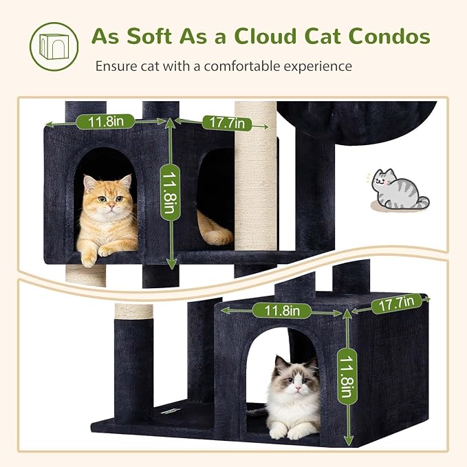 Globlazer 64in Corner Cat Tree for Large Indoor Cats, Space Saving Multi-Level Cat Tower with 2 Condos, 2 Hammocks, 4 Sisal Scratching Posts, C64, Dark Grey