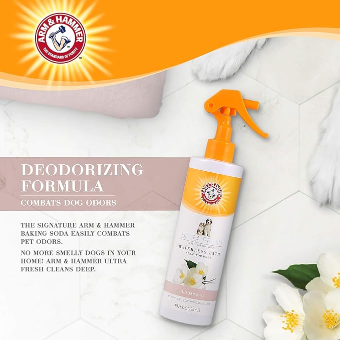Arm & Hammer Ultra Fresh Waterless Dog Bath Spray, Baking Soda Deodorizer No-Rinse Dry Dog Shampoo for Between-Bath Odor Control and Coat Freshening, White Jasmine Scent, 10 Fl Oz