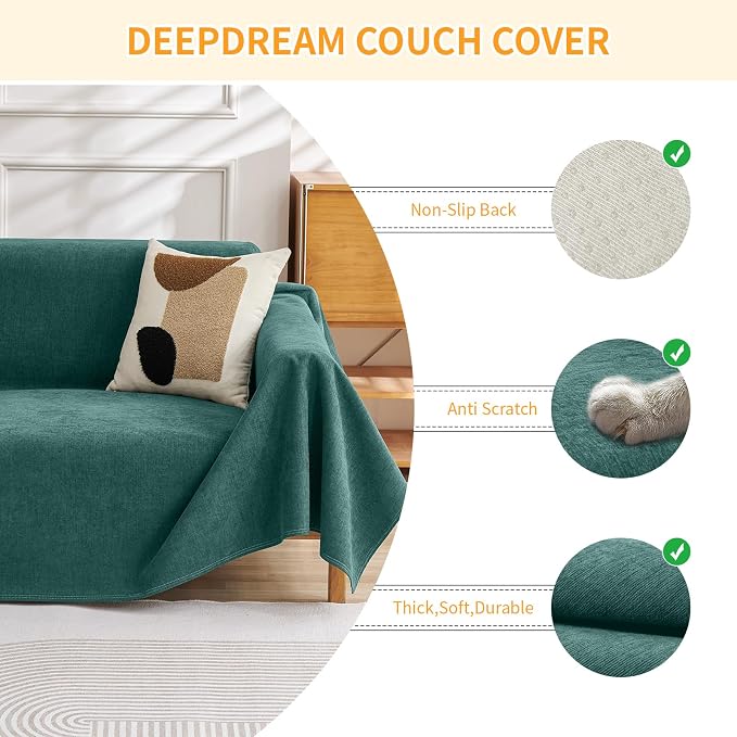 Deep Dream Cat-Scratch Resistant Couch Cover, Waterproof Sofa Cover for 2 Cushion Couch Washable, Pet Friendly Couch Protectors Anti Slip Thickened Slipcovers for Dogs Pets, 71" x 102", Green