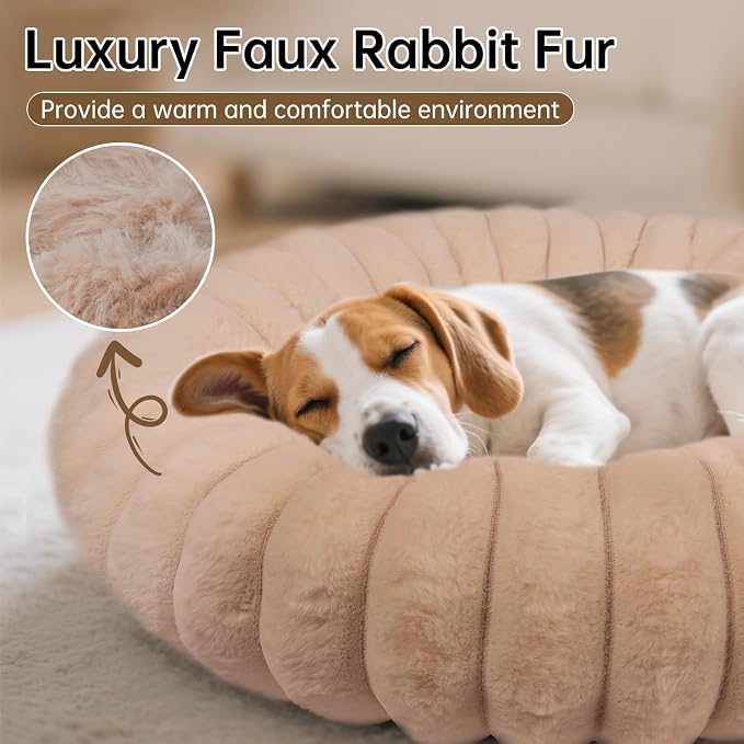 Donut Dog and Cat Bed, Luxurious Comfortable Faux Rabbit Fur Pet Beds, Round Anti-Anxiety Calming Puppy Kitten Bed with Anti-Slip Bottom for Small Medium Dogs & Cats(31", Brown)