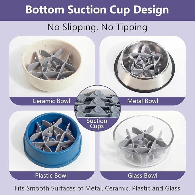 Silicone Dog Slow Feeder Bowl Insert with Suction Cups, Cuttable Food-Grade Lick Mat Divider Fits Stainless Steel Ceramic Glass Dog Bowls, Helps Slow Down Eating, Grey