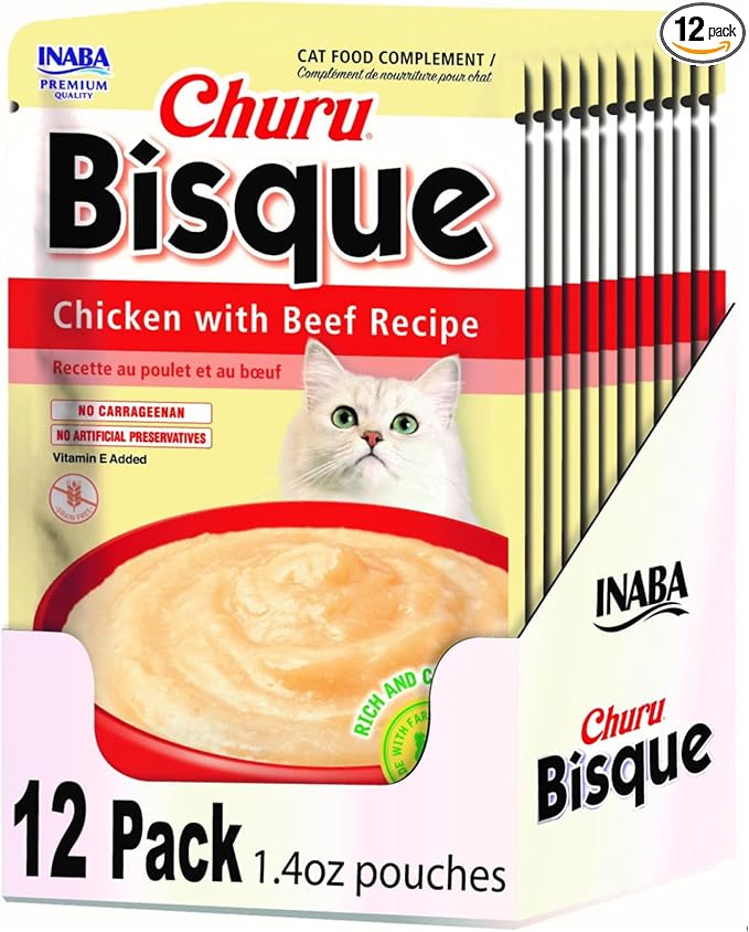 INABA Churu Bisque for Cats, Creamy Lickable Purée Side Dish with Vitamin E, 1.4 Ounces per Pouch, 12 Pouches, Chicken with Beef Recipe
