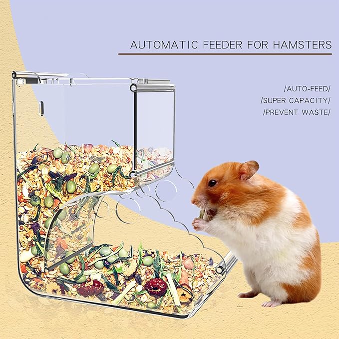 Automatic Hamster Feeder, Clear Acrylic Automatic Pet Feeder Pet Food Dispenser, Hamster Food Bowl Guinea Pig Food Dispenser for Small Animal Feeding & Watering Supplies (L)