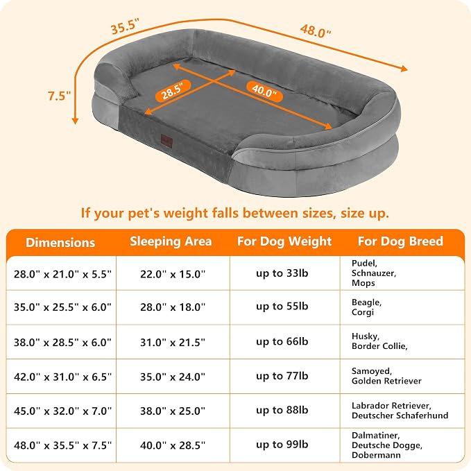 Dwanton Orthopedic Dog Bed for Extra Extra Large Dogs with Gel Memory Foam, Waterproof Dog Sofa, Washable Pet Bed with Four Sided Bolster Cushion, Removable Cover & Non-Slip Bottom, 48", Medium Grey