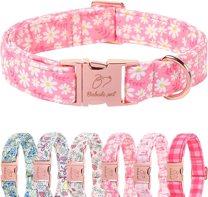 Dainty Daisy Dog Collar, Spring/Summer Pink Floral Girl Dog Collars, Adjustable Heavy Duty Cottagecore Female Dogs Collar for Small Medium Large Dogs with Metal Buckle L