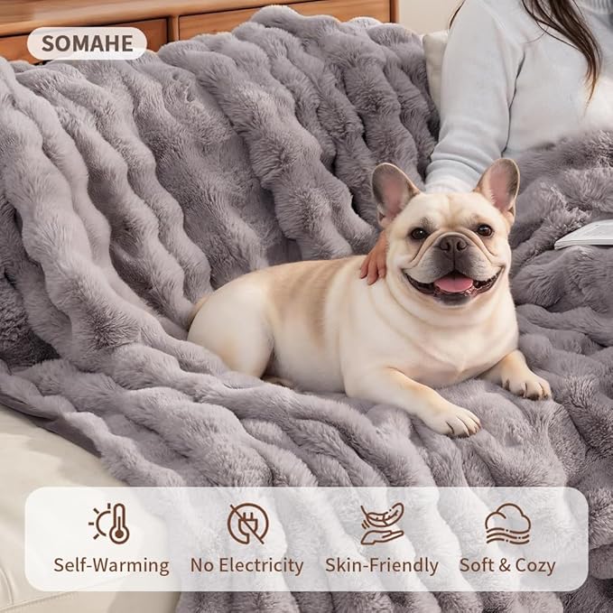 SOMAHE Pet Blanket, Reversible Sherpa & Bubble Fleece Pet Throw, Ultra-Soft Plush for Cats & Small Dogs, Machine Washable, Anti-Static, Warm & Cozy,28"×22" Inch Gray