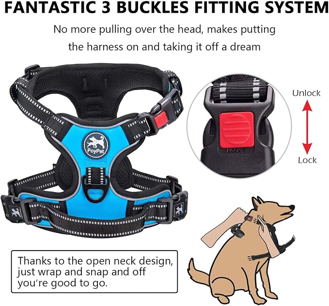 PoyPet No Pull Dog Harness, No Choke Front Lead Dog Reflective Harness, Adjustable Soft Padded Pet Vest with Easy Control Handle for Small to Large Dogs(Blue,S)