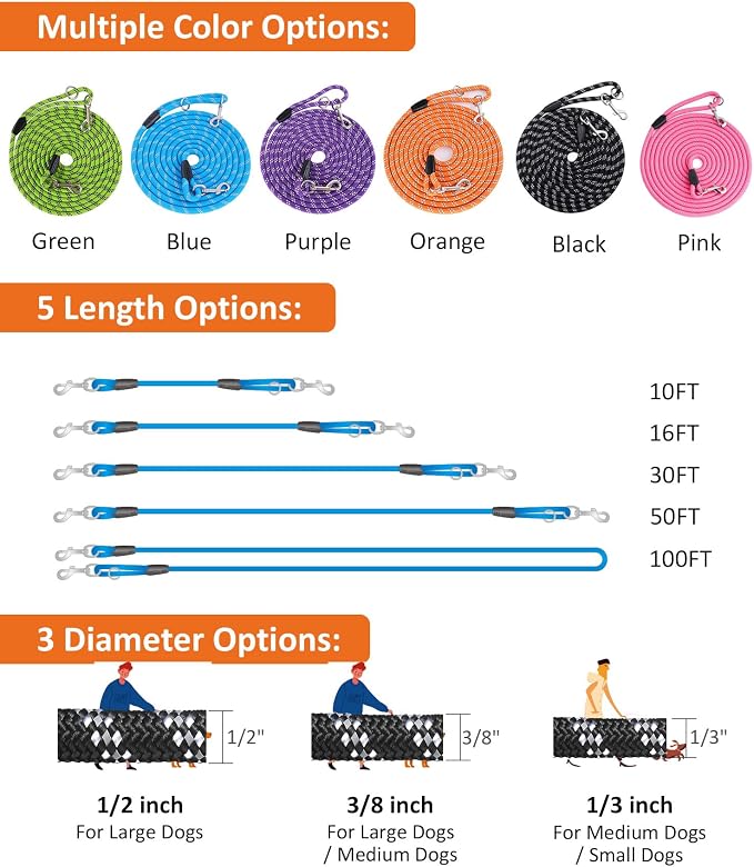 Long Dog Leash for Dog Training 20FT, Heavy Duty Dog Lead for Large Medium Small Dogs Outside Walking, Playing, Camping, or Yard, Black