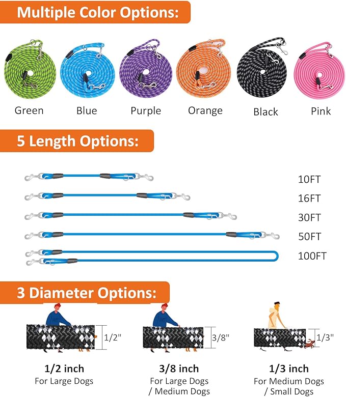 Long Dog Leash for Dog Training 20FT, Heavy Duty Dog Lead for Large Medium Small Dogs Outside Walking, Playing, Camping, or Yard, Purple