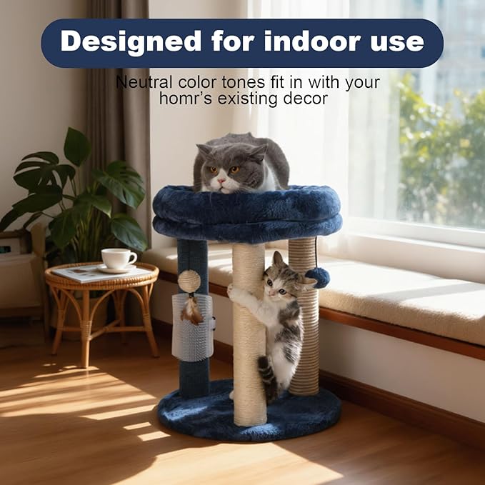 MECOOL Cat Scratching Post Tree with Tower Soft Bed.Natural Quality Sisal Carpet Jute Scratch Posts with Three Hanging Ball Toys and Massage Brush for Indoor Cats and Kittens Blue