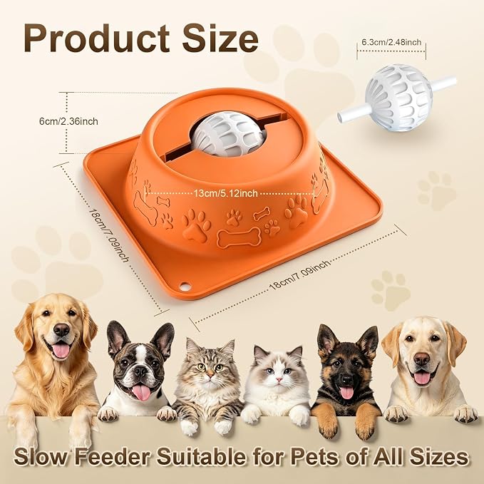 Slow Feeder Dog Bowl for Liquid Treats, Anti-Slip Lick Bowl with Smooth Rolling Ball, No Spill Pet Bowl Yogurt Water Pup Lick Toy for Large Medium Small Dogs and Cats, Anxiety Relief Boredom, Orange