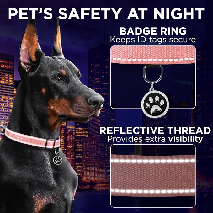 TECEUM Reflective Dog Collar – Pink – M – Extra Soft Padding – Basic Nylon Pet Collar – Quick Release Buckle – Fits Small, Medium and Large Dogs, Puppies, Cats – ESA & Service Dog Options