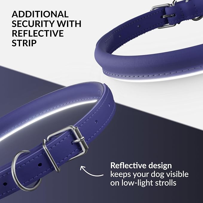 CollarDirect Reflective Rolled Leather Dog Collar, Soft Padded Round Puppy Collar, Handmade Genuine Leather Collar Dog Small Large Cat Collars 13 Colors (8-11 Inch, Purple Reflective)